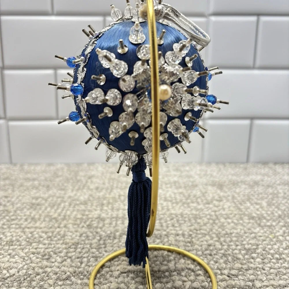 Vtg Silky Blue Christmas Ornament ‎ Pin Satin Beaded With Tassel Unique